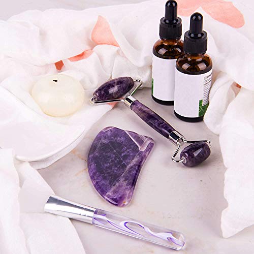 Rodillo de Jade, Gua Sha y Pincel - Set de Masaje Facial en Piedra de Amatista 100% Natural - Masajeador Anti Arrugas, Reducción de Ojeras, Desinflama - Herramientas de Belleza para el Rostro