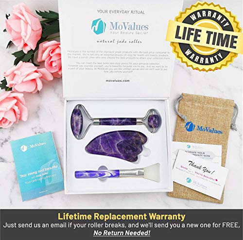 Rodillo de Jade, Gua Sha y Pincel - Set de Masaje Facial en Piedra de Amatista 100% Natural - Masajeador Anti Arrugas, Reducción de Ojeras, Desinflama - Herramientas de Belleza para el Rostro