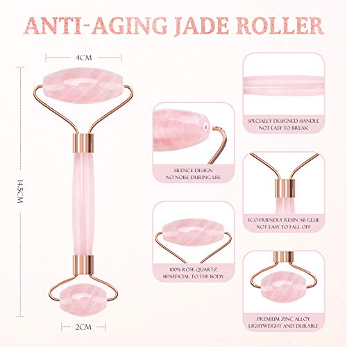 Rodillo de Jade, Masajeador Facial 3 en 1 con Gua Sha Jade y Dermaroller, Jade Roller Cuarzo Rosa 100% Natural para Masaje Facial, Rejuvenece la Piel del Rostro, Cuello y Cuerpo, Antienvejecimiento