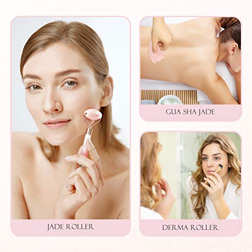 Rodillo de Jade, Masajeador Facial 3 en 1 con Gua Sha Jade y Dermaroller, Jade Roller Cuarzo Rosa 100% Natural para Masaje Facial, Rejuvenece la Piel del Rostro, Cuello y Cuerpo, Antienvejecimiento