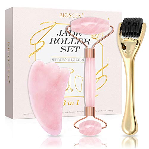 Rodillo de Jade, Masajeador Facial 3 en 1 con Gua Sha Jade y Dermaroller, Jade Roller Cuarzo Rosa 100% Natural para Masaje Facial, Rejuvenece la Piel del Rostro, Cuello y Cuerpo, Antienvejecimiento