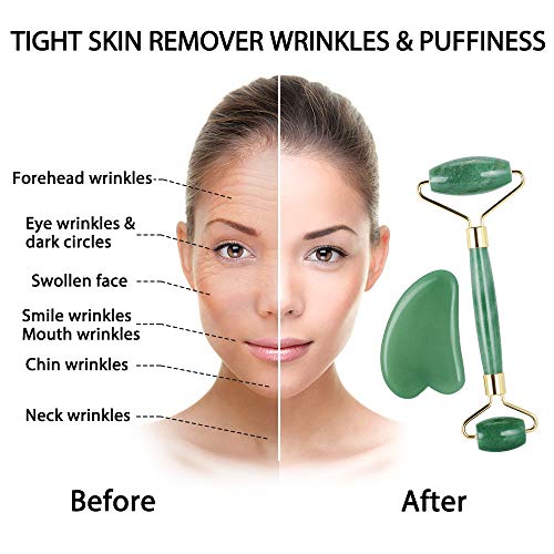 Rodillo De Jade, Terresa Facial Masaje Piedra Gua Sha Jade, Anti Aging Belleza Natural Dispositivo Herramienta, Masajeador Roller Tools, rejuvenece la piel de la cara y el cuello,piel que aprieta