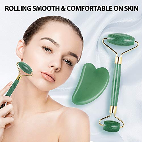 Rodillo De Jade, Terresa Facial Masaje Piedra Gua Sha Jade, Anti Aging Belleza Natural Dispositivo Herramienta, Masajeador Roller Tools, rejuvenece la piel de la cara y el cuello,piel que aprieta