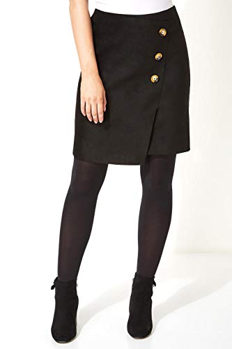 Rom Originals Falda tipo cartera de piel sintética con botones laterales, falda corta de ante elástico, dobladillo asimétrico, otoño e invierno, elegante e informal, ocio, trabajo Negro 48