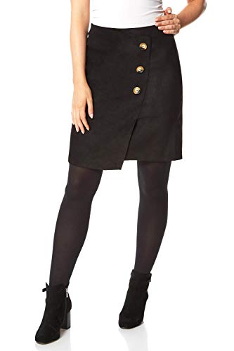 Rom Originals Falda tipo cartera de piel sintética con botones laterales, falda corta de ante elástico, dobladillo asimétrico, otoño e invierno, elegante e informal, ocio, trabajo Negro 48