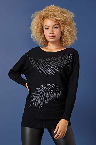 Roman Originals – Sudadera para Mujer con Aplicaciones de Piel Hotfix, Cuello Redondo de Manga Larga y Purpurina, para otoño e Invierno Negro 44