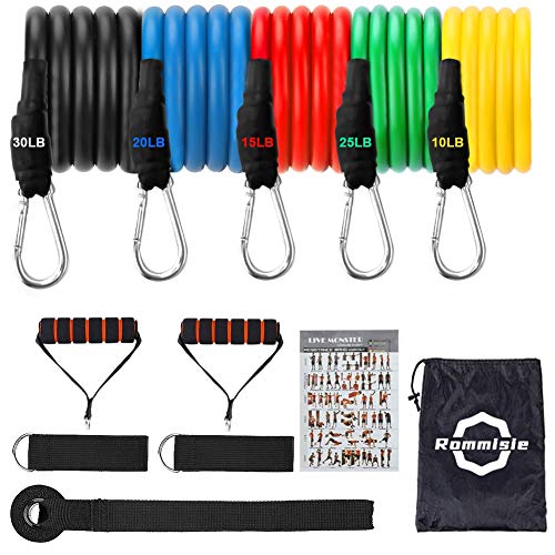 Rommisie Juego de 11 bandas de resistencia, accesorios portátiles para entrenamiento en el hogar, correas de tobillo para entrenamiento de resistencia, terapia física, yoga, pilates, Multicolor