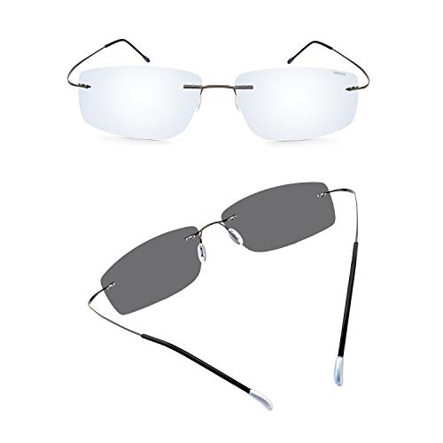 RONSOU Gafas de Sol de Los Hombres Moda Ultraligeras Polarizadas Sin Montura Titanio para Conducir Al Aire Libre Marco Gris Lente Plateado (reflejado)