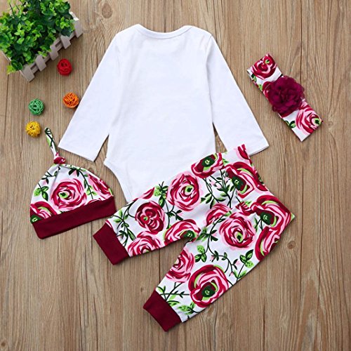 Ropa Bebe Niña Otoño Invierno Fossen Recién Nacido Niña Peleles Monos de Manga Larga + Floral Pantalones + Sombrero + Venda de Pelo,0-18 Meses Bebé Ropa (0-3 Meses, Floral)