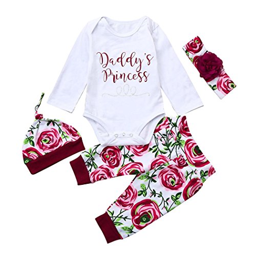 Ropa Bebe Niña Otoño Invierno Fossen Recién Nacido Niña Peleles Monos de Manga Larga + Floral Pantalones + Sombrero + Venda de Pelo,0-18 Meses Bebé Ropa (0-3 Meses, Floral)