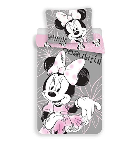 Ropa de cama reversible de Disney, diseño de Minnie Mouse, tamaño: 140 x 200 cm, almohada 70 x 90 cm, 100% algodón en gris/rosa