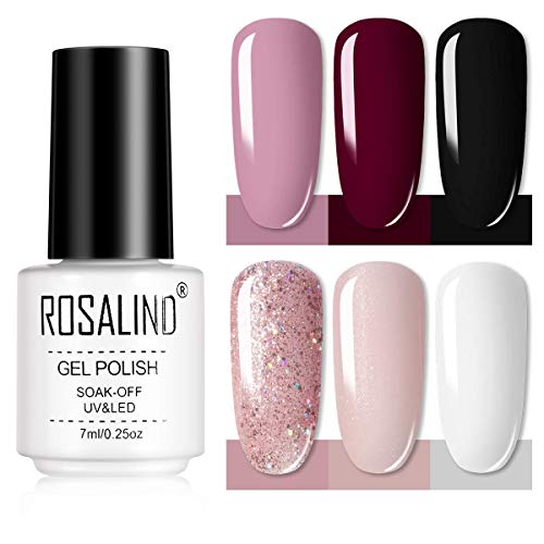 ROSALIDN Esmaltes Semipermanentes Negro Rojo de Uñas en Gel Soak Off UV LED, 6pcs Kit de Esmaltes de Uñas en Gel
