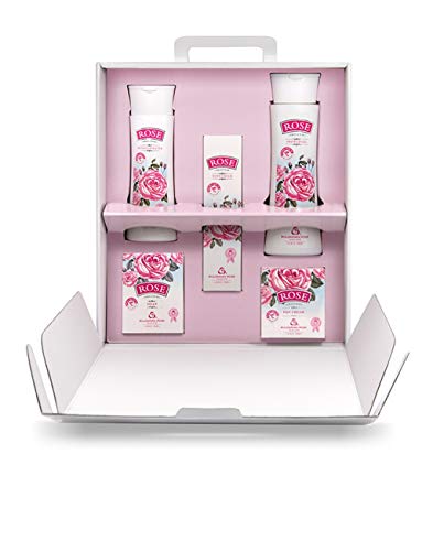 Rose Original Set de Regalo de Mujer de 5 Pcs. con Aceite de Rosa 100% Natural Agua Micelar, Gel de Ducha, Crema de Dia Facial, Crema de Manos y Jabón Sin Parabenes