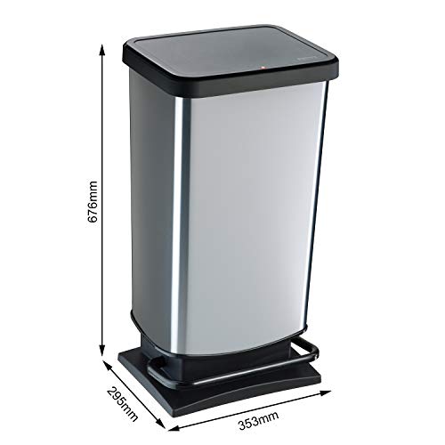 Rotho Paso, Cubo de basura de 40l con pedal y tapa, Plástico PP sin BPA, plata metálica, 40l 35.3 x 29.5 x 67.6 cm