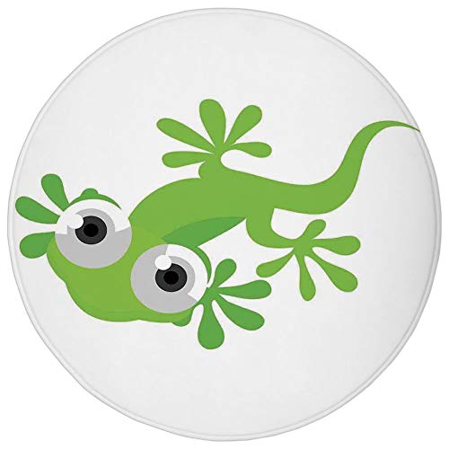 Round Rug Mat Carpet,Reptile,Cute Lizard Looking at Us Creature Animal Primitive Nature Animation Reptile Design Decorative,Green White,Flannel Microfiber Non-slip Soft Absorbent,for Kitchen Floor Bat