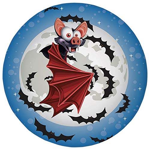 Round Rug Mat Carpet,Vampire,Cute Funny Cartoon Bat Mascot Flying in Vibrant Night Sky Full Moon Stars Horror, Flannel Microfiber Non-Slip Soft Absorbent,for Kitchen Floor Bathroom