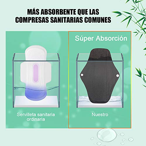Rovtop 10PCS 25.4 cm Reutilizables de Carbón de Bambú - Almohadilla Menstrual Reutilizable Compresa de Tela + 2 Bolsa de Transporte Mini (Caja de Regalo Ambiental)