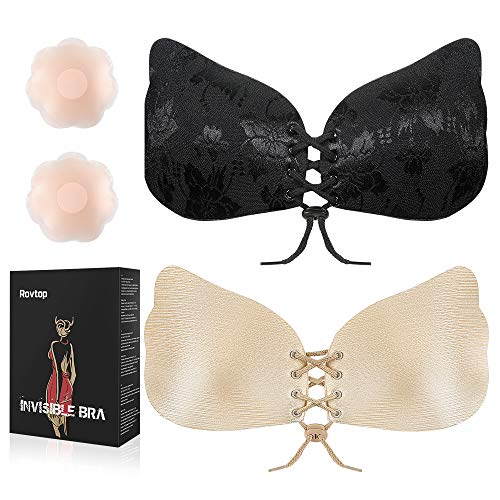Rovtop 3PCS Sujetador Invisible Adhesivo para Mujer - Sin Tirantes Invisibles, Sexy y Reutilizable, 1PCS Sujetador Ajustable Negro, 1PCS Sujetador Ajustable Seda, 1 Par de Pezones de Flor (70B)