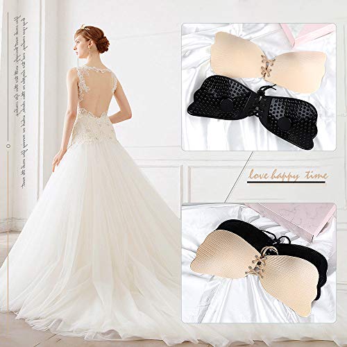 Rovtop 3PCS Sujetador Invisible Adhesivo para Mujer - Sin Tirantes Invisibles, Sexy y Reutilizable, 1PCS Sujetador Ajustable Negro, 1PCS Sujetador Ajustable Seda, 1 Par de Pezones de Flor (70B)