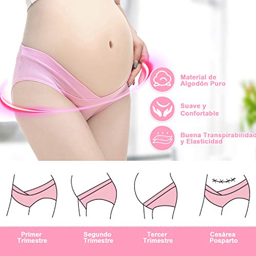 Rovtop 6Pcs Bragas de Algodón para Premamá + 1Pcs Bolsa de Lavandería, Bragas Embarazadas de Algodón de Cintura Baja Transpirable para Mujeres (L)