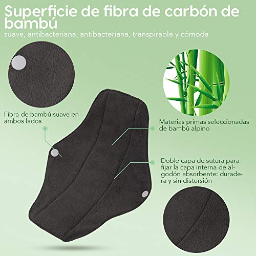 Rovtop 7PCS Reutilizables de Carbón de Bambú Compresa Almohadilla Menstrual Reutilizable Compresa + Bolsa de Transporte Mini (25 cm)