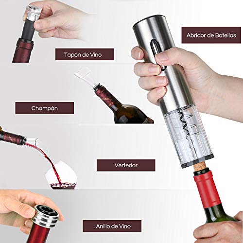 Rovtop Abrebotellas eléctrico recargable del vino del acero inoxidable con el cable de datos de carga plata
