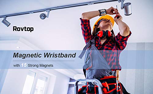 Rovtop Pulsera Magnética Ajustable con 15 Súper Imanes, 2 Bolsillos Pequeños, para Ahorra las Manos, Fija Fácilmente Tornillos, Clavos, Brocas, Pernos, para Hombres y Maquinaria