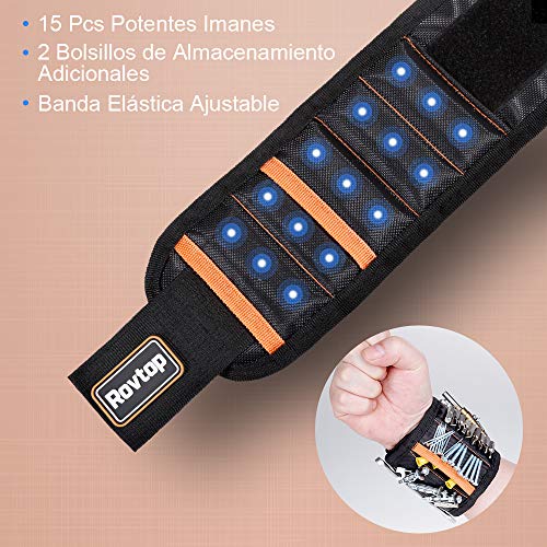 Rovtop Pulsera Magnética Ajustable con 15 Súper Imanes, 2 Bolsillos Pequeños, para Ahorra las Manos, Fija Fácilmente Tornillos, Clavos, Brocas, Pernos, para Hombres y Maquinaria