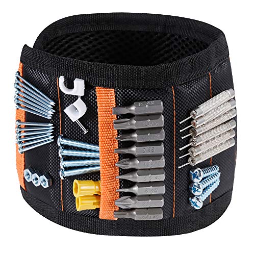 Rovtop Pulsera Magnética Ajustable con 15 Súper Imanes, 2 Bolsillos Pequeños, para Ahorra las Manos, Fija Fácilmente Tornillos, Clavos, Brocas, Pernos, para Hombres y Maquinaria