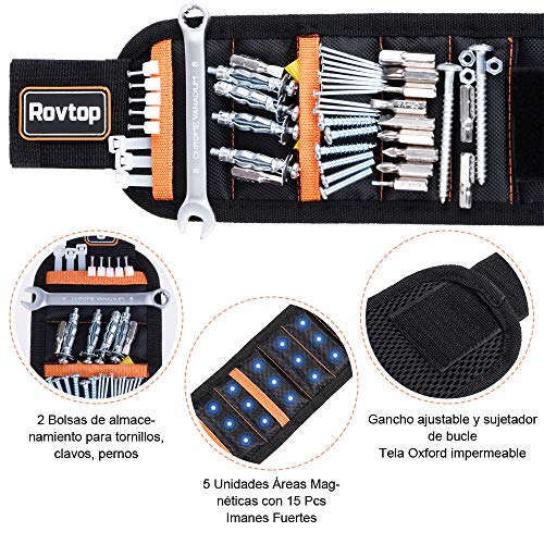 Rovtop Pulsera Magnética Ajustable con 15 Súper Imanes, 2 Bolsillos Pequeños, para Ahorra las Manos, Fija Fácilmente Tornillos, Clavos, Brocas, Pernos, para Hombres y Maquinaria