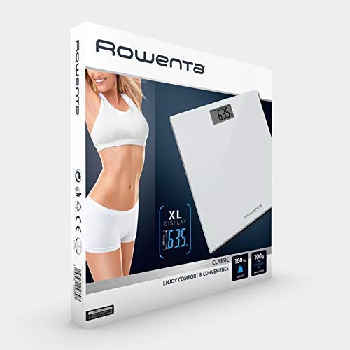 Rowenta Classic BS1131 - Báscula digital, con pantalla LCD, compacta, capacidad de 160 kg, plataforma de vidrio, apagado automático e incluye pilas