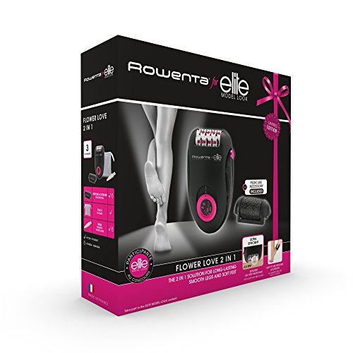 Rowenta Flower Love EP2812F0 - Depiladora 2 en 1 con cabezal ultrapreciso de 2 velocidades y 2 modos de uso, 24 pinzas con rodillo de pedicura ultra exfoliante y un neceser