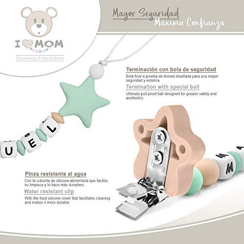 RUBY - Chupetero personalizado para bebe con nombre bola silicona antibacteria con pinza de acero inoxidable. Chuptero Estrella (Menta)