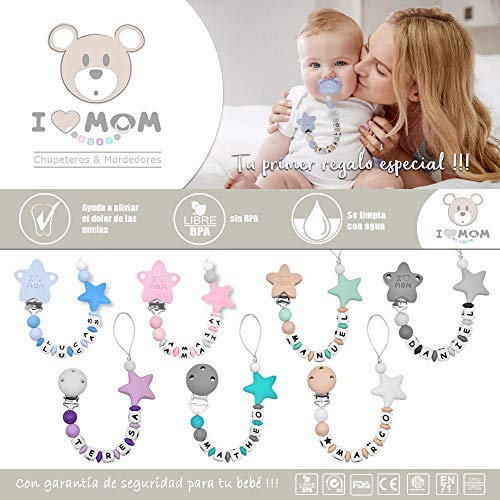 RUBY - Chupetero personalizado para bebe con nombre bola silicona antibacteria con pinza de acero inoxidable. Chuptero Estrella (Menta)