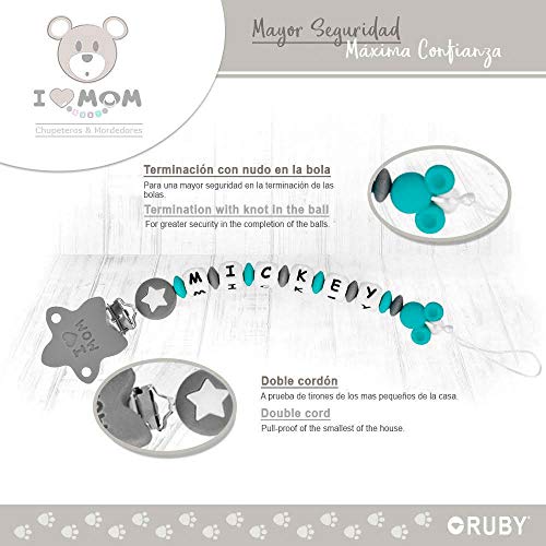 RUBY - Chupetero Personalizado para Bebe con Nombre Bola Silicona Antibacteriana con Pinza de Acero Inoxidable (Turquesa)