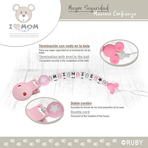 RUBY - Chupetero Personalizado para Bebe con Nombre Bola Silicona Antibacteriana con Pinza de Plástico (Rosa Pastel)