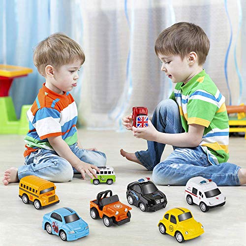 RuiDaXiang Metálico Tire hacia Atrás Coches, 8 Packs Mini Die Cast Set de Coches de Juguete, Coche de Policía/Autobús Escolar ... Juguetes Vehículos Fricción, para niños de 3 a 12 Años Niñas Niños