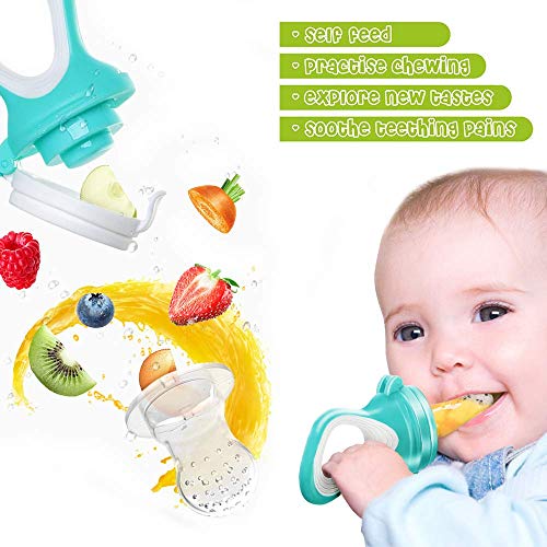 Ruiuzi Chupetes Frutas para Bebés y Niños Pequeños + 3 Tetinas de Silicona en 3 Tamaños - sin BPA - Mordedor Verdura Papilla Alimentación Suplementaria (Azul)