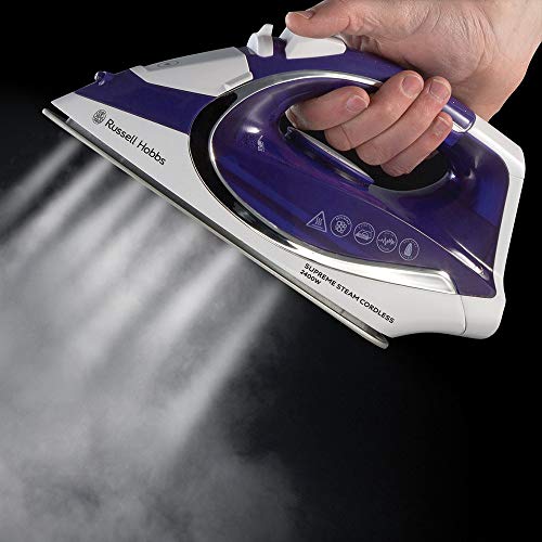 Russell Hobbs Supreme Steam - Plancha de Ropa Sin Cable (2400 W, Suela de Cerámica, Morado y Blanco) - ref. 23300-56