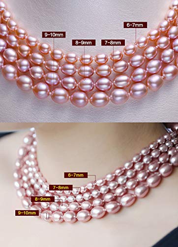 RXSHOUSH Collar de Perlas de Agua Dulce de la Mujer, Collar de Perlas de arroz en Forma de 6-10 mm, de Gama Alta joyería Caja de Regalo Regalo para la Madre y la Novia White 43cm- 9mm-10mm