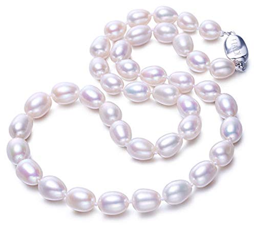 RXSHOUSH Collar de Perlas de Agua Dulce de la Mujer, Collar de Perlas de arroz en Forma de 6-10 mm, de Gama Alta joyería Caja de Regalo Regalo para la Madre y la Novia White 43cm- 9mm-10mm