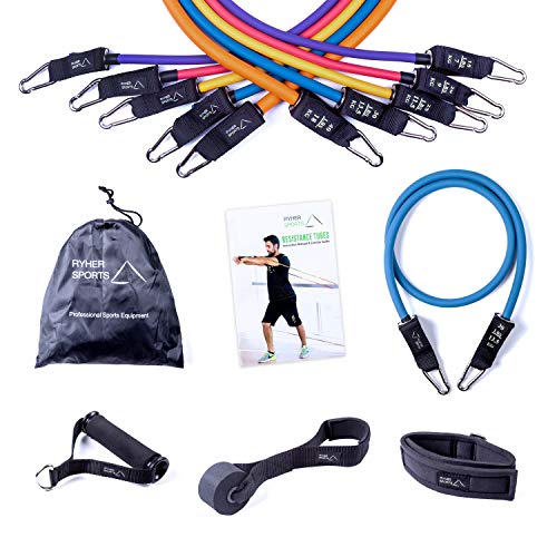 Ryher Gomas elásticas Fitness y Ejercicio - Set Bandas de Resistencia con Asas, Correas para los Tobillos, Anclaje para Puertas – Deporte en Casa, Crossfit, Pesas y Musculacion - Pack Extra Fuerte