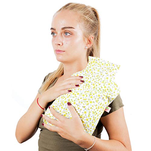 Saco Térmico Semillas con Forma Botella de Agua Caliente - Bolsa de Calor para Calentar en Microondas (32x22 cm) - Cojín de Semillas con Funda Lavable, Tela de Algodón 100% y Olor a Lavanda (Flores)