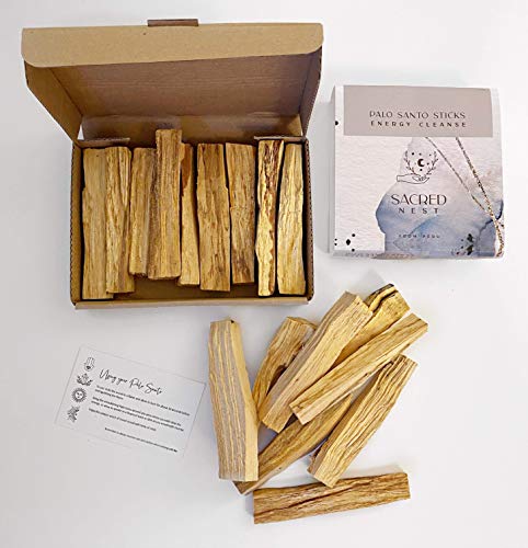 Sacred Nest Premium Palo Santo con ritual MP3 | Paquete de 100 g con 8-10 palitos difuminantes | Madera chunky, de alta resina | Varillas de incienso de limpieza de energía