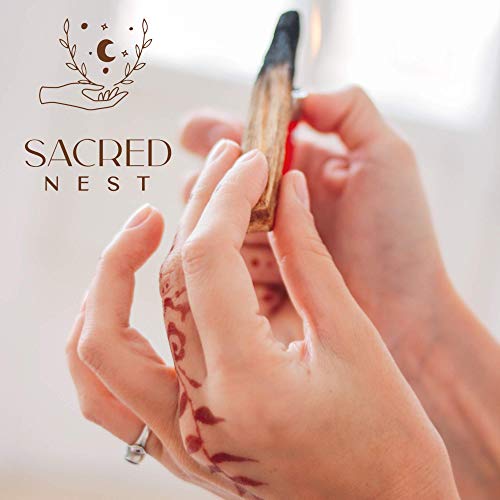Sacred Nest Premium Palo Santo con ritual MP3 | Paquete de 100 g con 8-10 palitos difuminantes | Madera chunky, de alta resina | Varillas de incienso de limpieza de energía