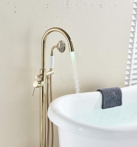 Saeuwtowy LED Dorado Grifo Bañera de Pie Grifos Independiente Suelo Mezclador Doble asa con Ducha Grifo de bañera con sistema de montaje en suelo