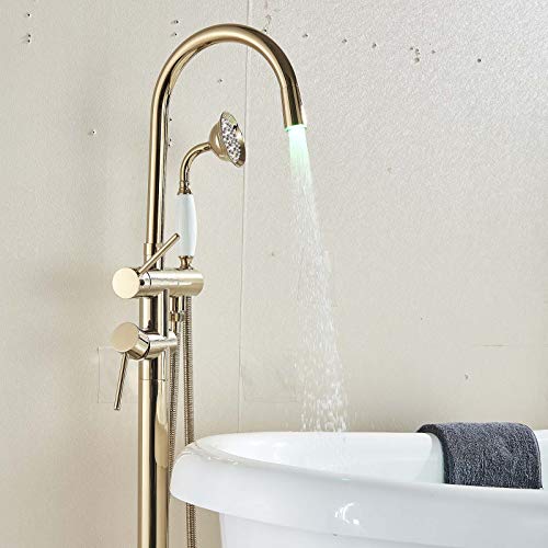Saeuwtowy LED Dorado Grifo Bañera de Pie Grifos Independiente Suelo Mezclador Doble asa con Ducha Grifo de bañera con sistema de montaje en suelo