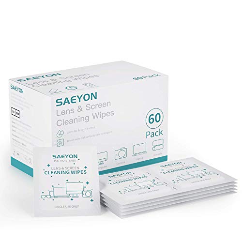 SAEYON [60 Piezas] Desechables Toallitas Limpia Lentes, Secado Rápido Toallitas Limpia Gafas/Anteojos/Cámara/Móviles/Parabrisas Toallitas de Limpieza para Pantalla, Embalaje Individual 155 x 120 mm