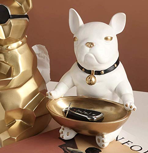 Saidan SD Figura Perro Bulldog Blanco y Dorado con Bandeja para Apoyar Las Llaves en la Entrada y Decoración