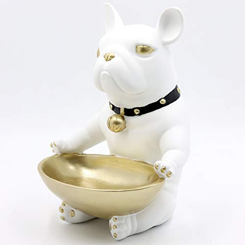 Saidan SD Figura Perro Bulldog Blanco y Dorado con Bandeja para Apoyar Las Llaves en la Entrada y Decoración